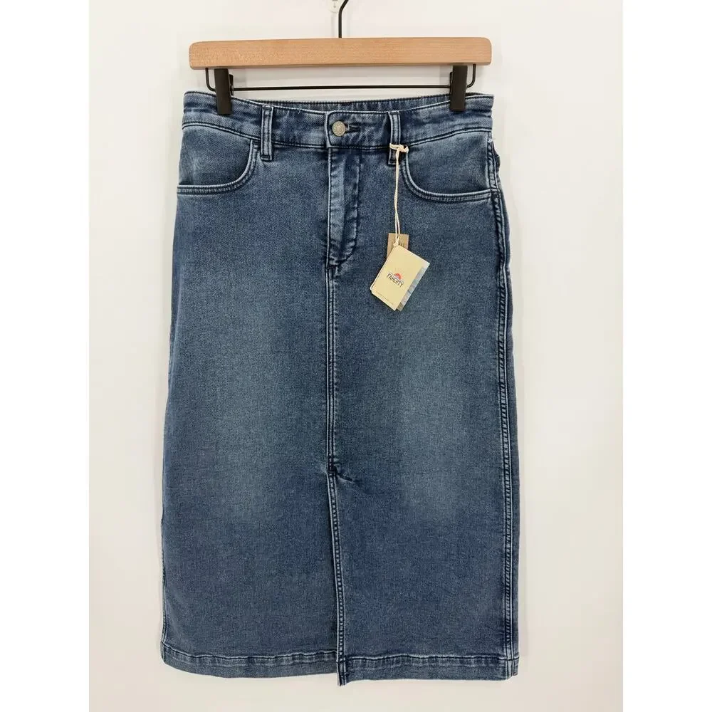 Faherty Stretch Terry Midi Skirt Riverton Denim Look A-Line NWT Size 6 Coastl
